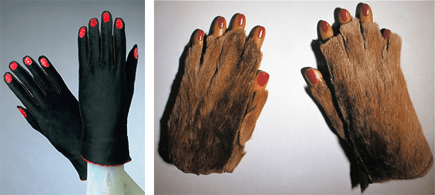 CAPTION: Elsa Schiaparelli, Woman’s Gloves, 1936 – 37, Philadelphia Museum of Art Image: Philadelphia Museum of Art, Gift of Mme Elsa Schiaparelli, 1969, 1969-232-55d,e CAPTION: Meret Oppenheim, Fur Gloves with Wooden Fingers, 1936 / 1984, Ursula Hauser Collection, Artwork: © DACS 2022